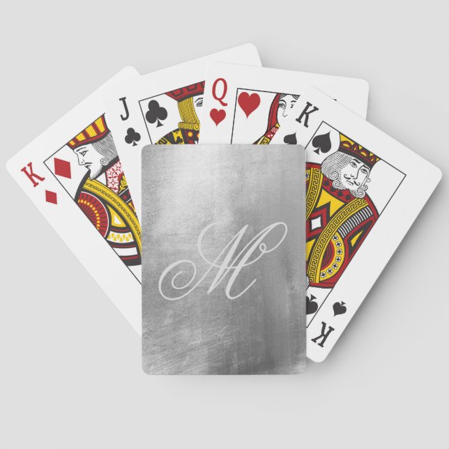Jeu De Cartes Gris Fancy Monogramme Feuille Faux Argent Brillant (dos)