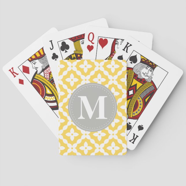 Jeu De Cartes Gris Monogramme Jaune Motif Floral Coussin (dos)