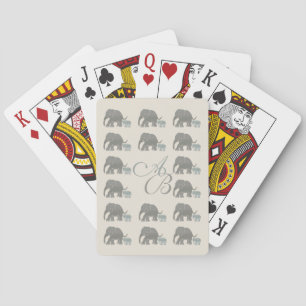 Jeu De Cartes Gris Vintage sur monogramme ivoire Motif d'éléphan