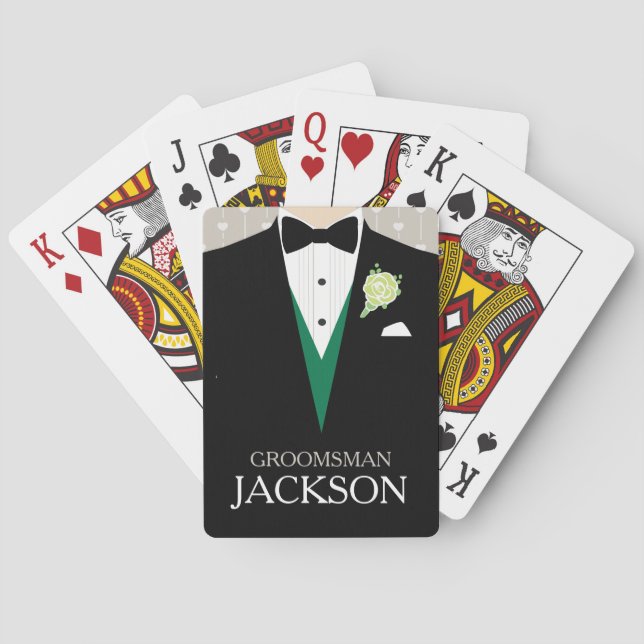 Jeu De Cartes Groomsman tuxedo vert carte à jouer personnalisée (dos)