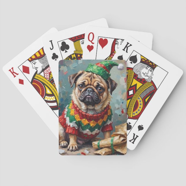 Jeu De Cartes Grumpy Pug Dog in Elf Hat Funny Christmas Art (dos)