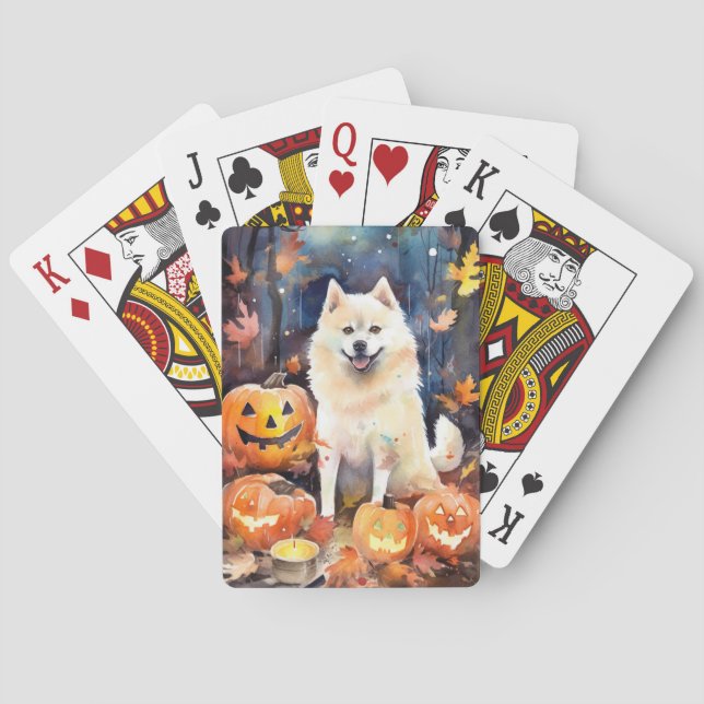Jeu De Cartes Halloween Akita Américain Avec La Peur Citrouille (dos)