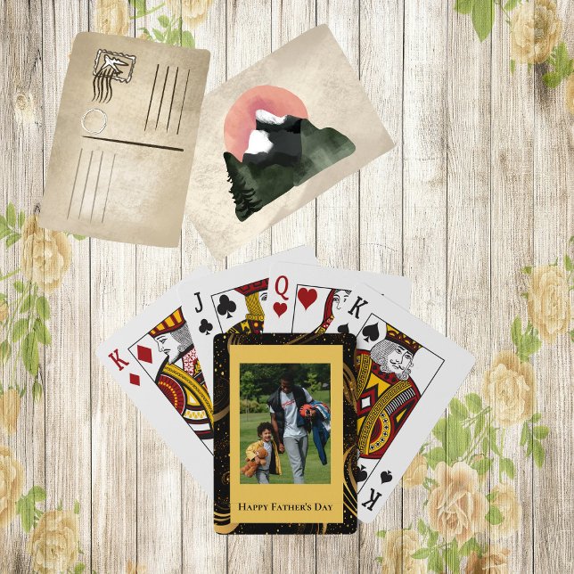 Jeu De Cartes Happy Fête des pères Gold Leafy Black Swirls Photo (Happy Father's Day Gold Leafy Black Swirls Photo Playing Cards)