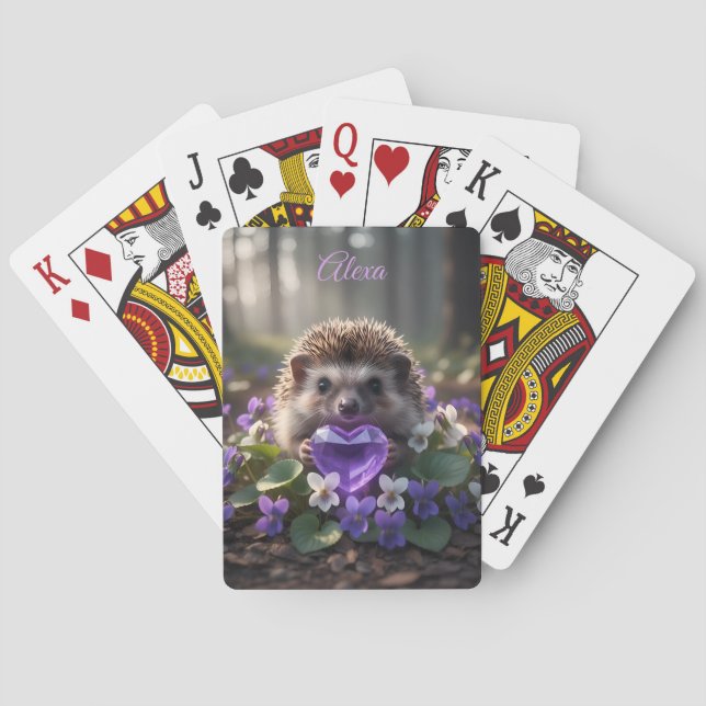 Jeu De Cartes Hérisson mignon de février avec cœur d'améthyste (dos)