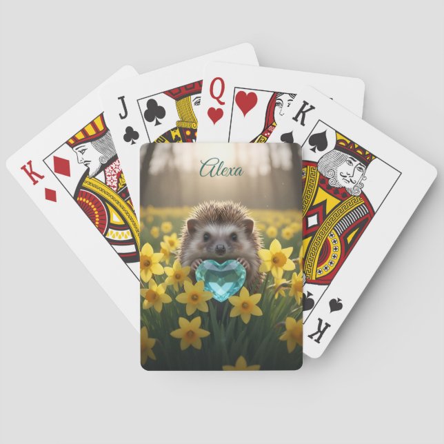 Jeu De Cartes Hérisson mignon de mars avec cœur d'aigue-marine (dos)