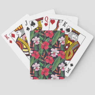 Jeu De Cartes hibiscus rouge, orchidées, aquarelle tropicale.