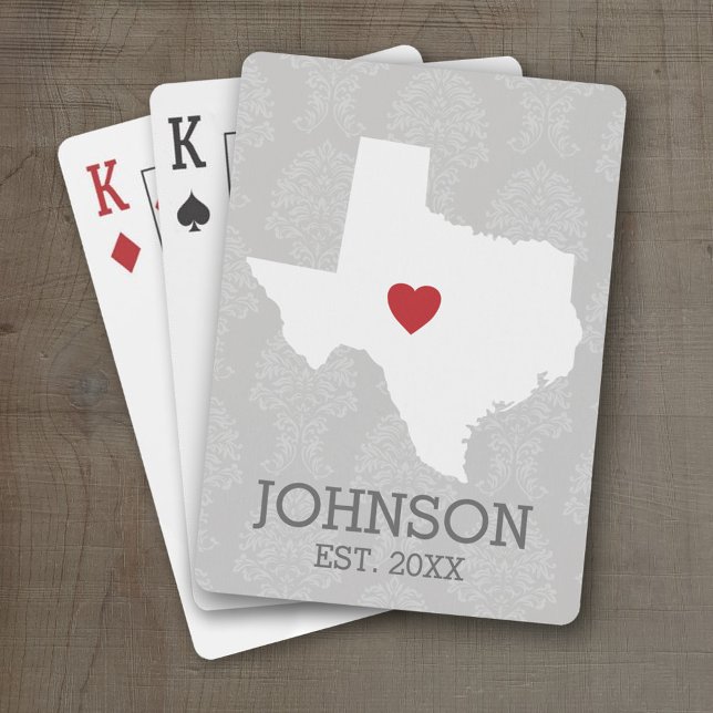 Jeu De Cartes Home State Map Art - Custom Name Texas (Personalized Playing Cards with a State Map, Movable Heart and Name)