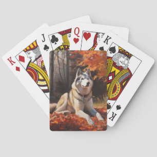 Jeu De Cartes Husky sibérien dans les feuilles d'automne qui tom