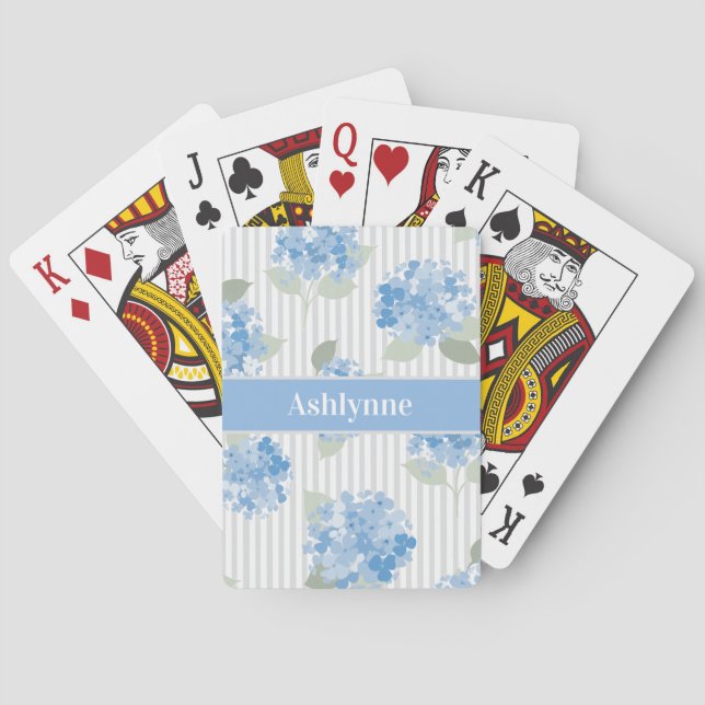 Jeu De Cartes Hydrangea Bleu Élégant Rayure Grise Vert Sauge Nom (dos)