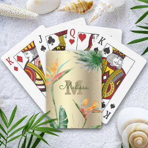 Jeu De Cartes Ile tropicale Monogramme floral Script Gold Foil