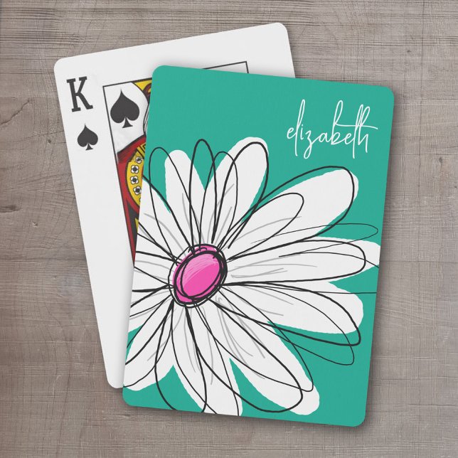 Jeu De Cartes Illustration florale tendance - rose et vert (Whimsical Daisy Personalized Playing Cards)
