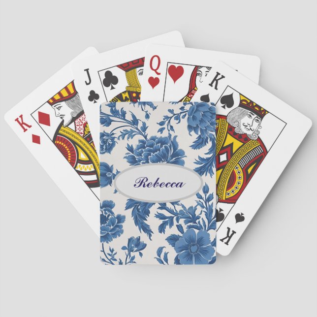 Jeu De Cartes Impression florale d'inspiration victorienne bleue (dos)
