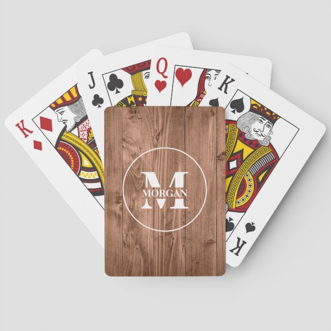 Jeu De Cartes Initiale personnalisée en bois rustique & nom (dos)