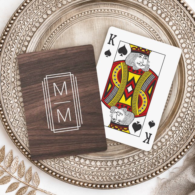 Jeu De Cartes Initiales de monogramme élégant à grain de bois (Stylish monogram initials elegant wood grain poker cards)