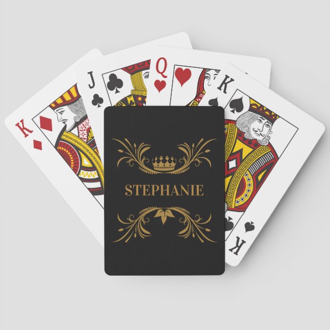 Jeu De Cartes Initiales Élégant Couronne Noir et Or (dos)
