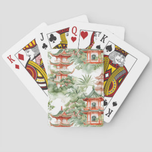 Jeu De Cartes Jardin de pagode orientale à l'aquarelle sauge