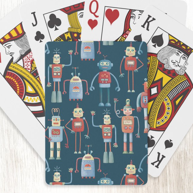 Jeu De Cartes Joli 1950s Style Rétro Robot Motif foncé (Fun retro robot pattern art playing cards)