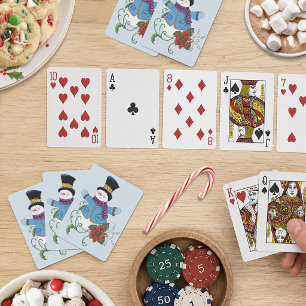 Jeu De Cartes Joli Bonhomme de Neige Bleu d'Hiver Poinsettia Noë