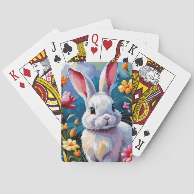 Jeu De Cartes Joli Lapin Blanc Entouré de Fleurs Vibrantes (dos)