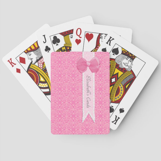 Jeu De Cartes Joli Médaillon rose Damask Mignonne Bow avec nom (dos)