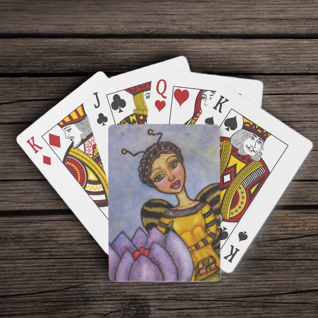 Jeu De Cartes Jolie Fée Abeille Bourdon Fleur Violette (Pretty black yellow bumble bee fairy sitting on purple flowers on mix blues yellow deck playing card)