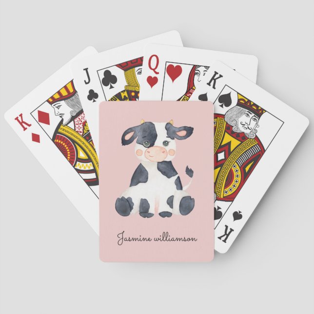 Jeu De Cartes Jolie vache d'aquarelle rose personnalisée (dos)
