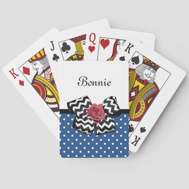 Jeu De Cartes Jolis points bleus Rose rouge Chevron Ruban et nom (dos)