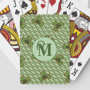 Jeu De Cartes Jolis trèfles irlandais verts et dorés avec monogr