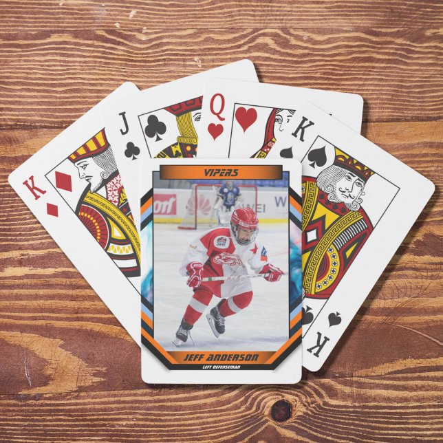 Jeu De Cartes Joueur De Hockey Sur Glace Garder Sur Cool Orange  (Capture the excitement of the ice hockey sport with this dynamic and customizable orange,blue design)