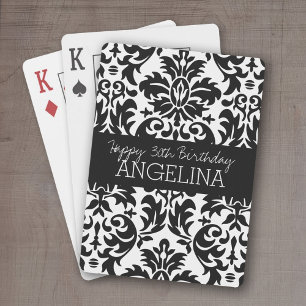 Jeu De Cartes Joyeux anniversaire avec un damas noir et blanc te