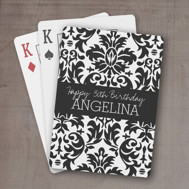 Jeu De Cartes Joyeux anniversaire avec un damas noir et blanc te (Personalized playing cards - Fun Birthday Design)