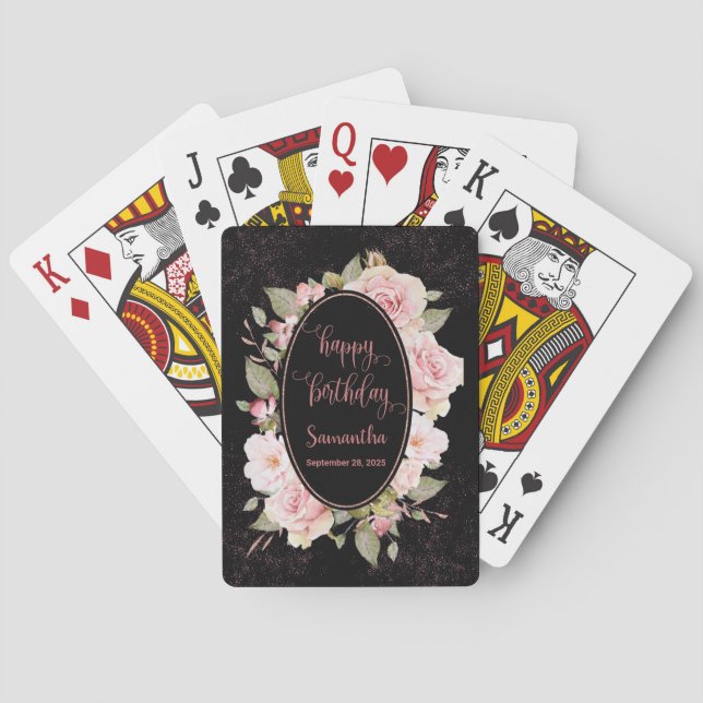 Jeu De Cartes Joyeux anniversaire Noir + Aquarelle rose Nom flor (dos)