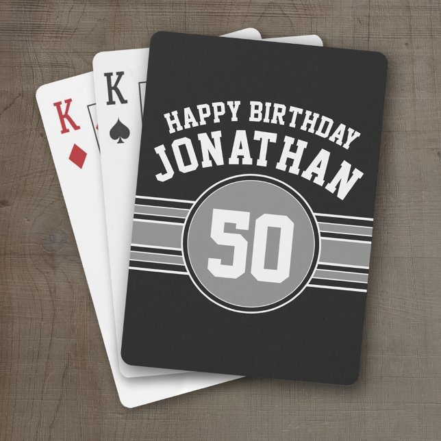 Jeu De Cartes Joyeux Anniversaire Sports Stripes Age Argent Noir (Personalized Playing Cards - Sporty Stripes)