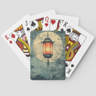 Jeu De Cartes Lanterne éclairée sous la lune en sumi-e aquarelle