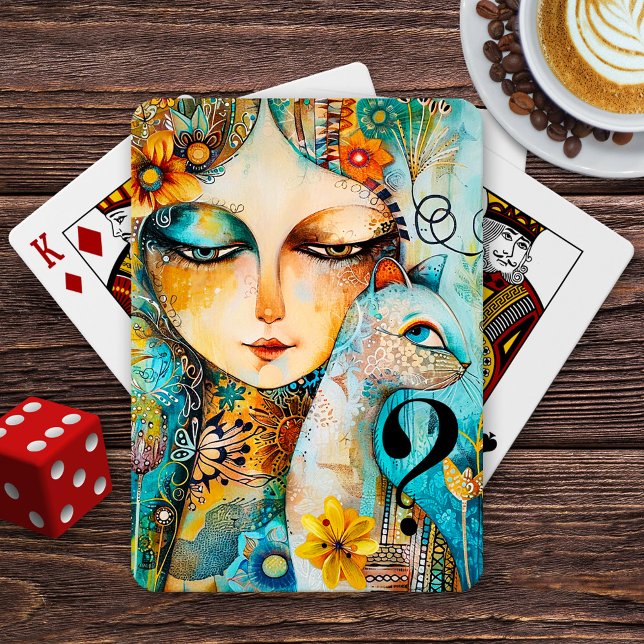 Jeu De Cartes Le Suspect Cat Fine Art (Cat mom playing cards featuring a fine art illustration of a lady and mysterious kitty.)