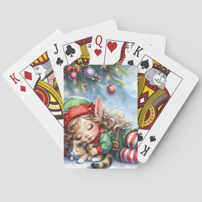 Jeu De Cartes L'elfe de Noël endormi avec un chaton calicot (dos)