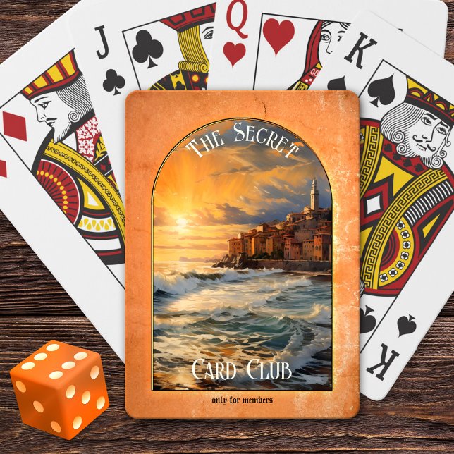 Jeu De Cartes Les membres du club de cartes secrètes ne jouent q (Playing cards featuring an Italian coast painting at sunset in terra cotta colors)