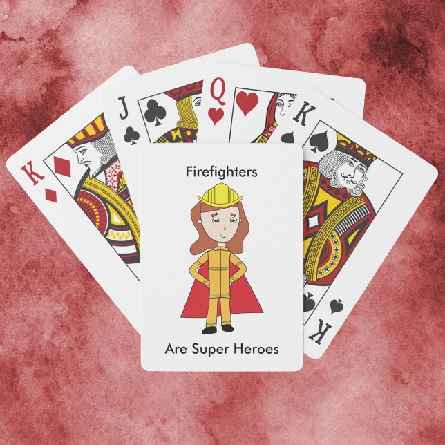 Jeu De Cartes Les pompiers sont de super héros Female Funny (A deck of playing cards featuring a woman firefighter and the text, "Firefighters Are Super Heroes".)