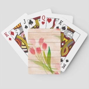 Jeu De Cartes Les tulipes rouges sur le Arrière - plan du bois p