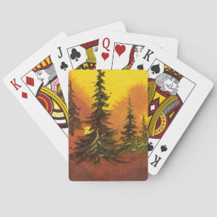 Jeu De Cartes Lever du soleil, pins couchés de soleil dans la br