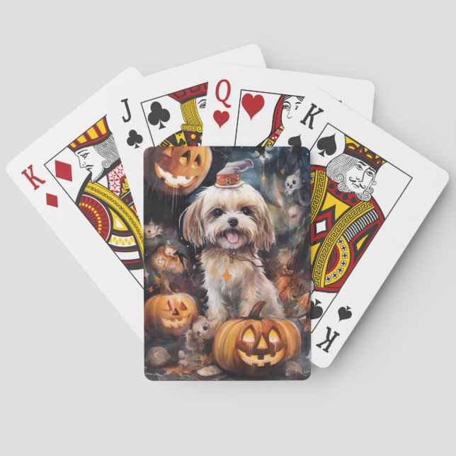 Jeu De Cartes Lhasa Apso Halloween avec citrouilles effrayantes  (dos)