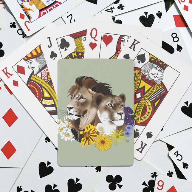 Jeu De Cartes Lion Lionne Floral Vert  (Créateur téléchargé)