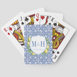 Jeu De Cartes Logo du Mariage de Carrelage Bleu Citron Blanc Méd