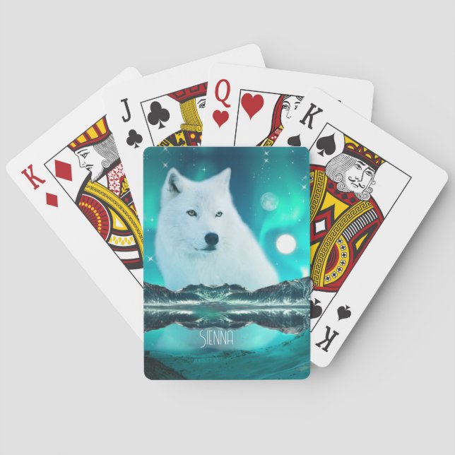 Jeu De Cartes Loup arctique et nuit magique avec aurores boréale (dos)