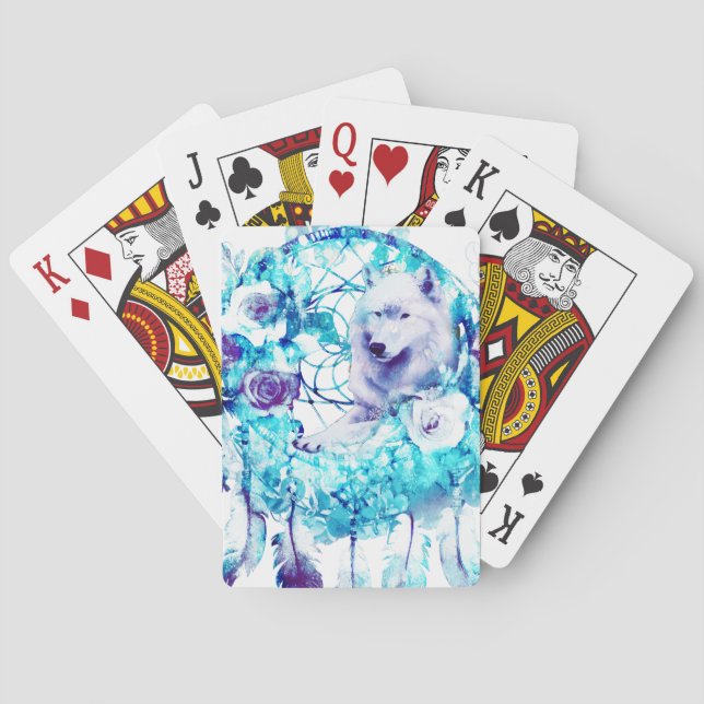 Jeu De Cartes Loup blanc Dreamcatcher bleu violet Floral (dos)