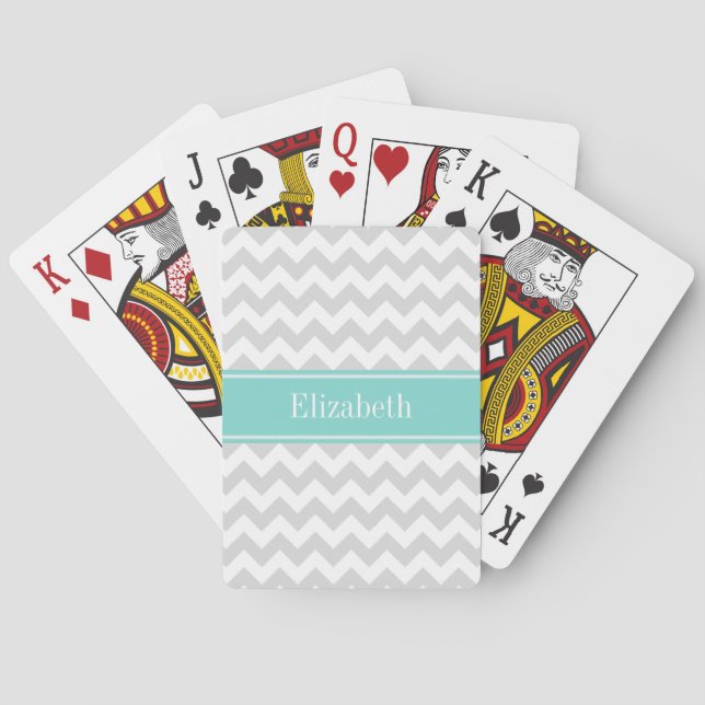 Jeu De Cartes Lt Gray Wht Chevron ZigZag Aqua Nom Monogram (dos)