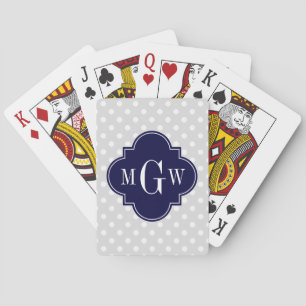 Jeu De Cartes Lt Gray Wht Polka Dots Navy Quatrefoil 3 monogram