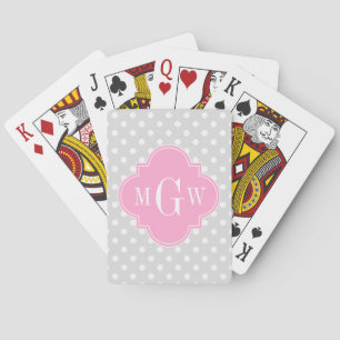 Jeu De Cartes Lt Gray Wht Polka Dots Pink Quatrefoil 3 monogram