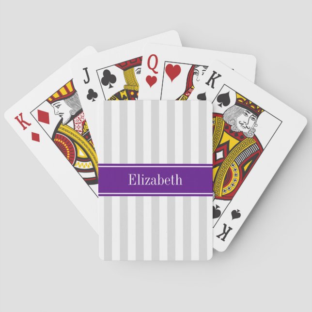 Jeu De Cartes Lt Grey White Stripe Purple Nom Monogramme (dos)
