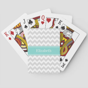 Jeu De Cartes Lt Gris Chevron Blanc ZigZag Aqua Monogramme Nom